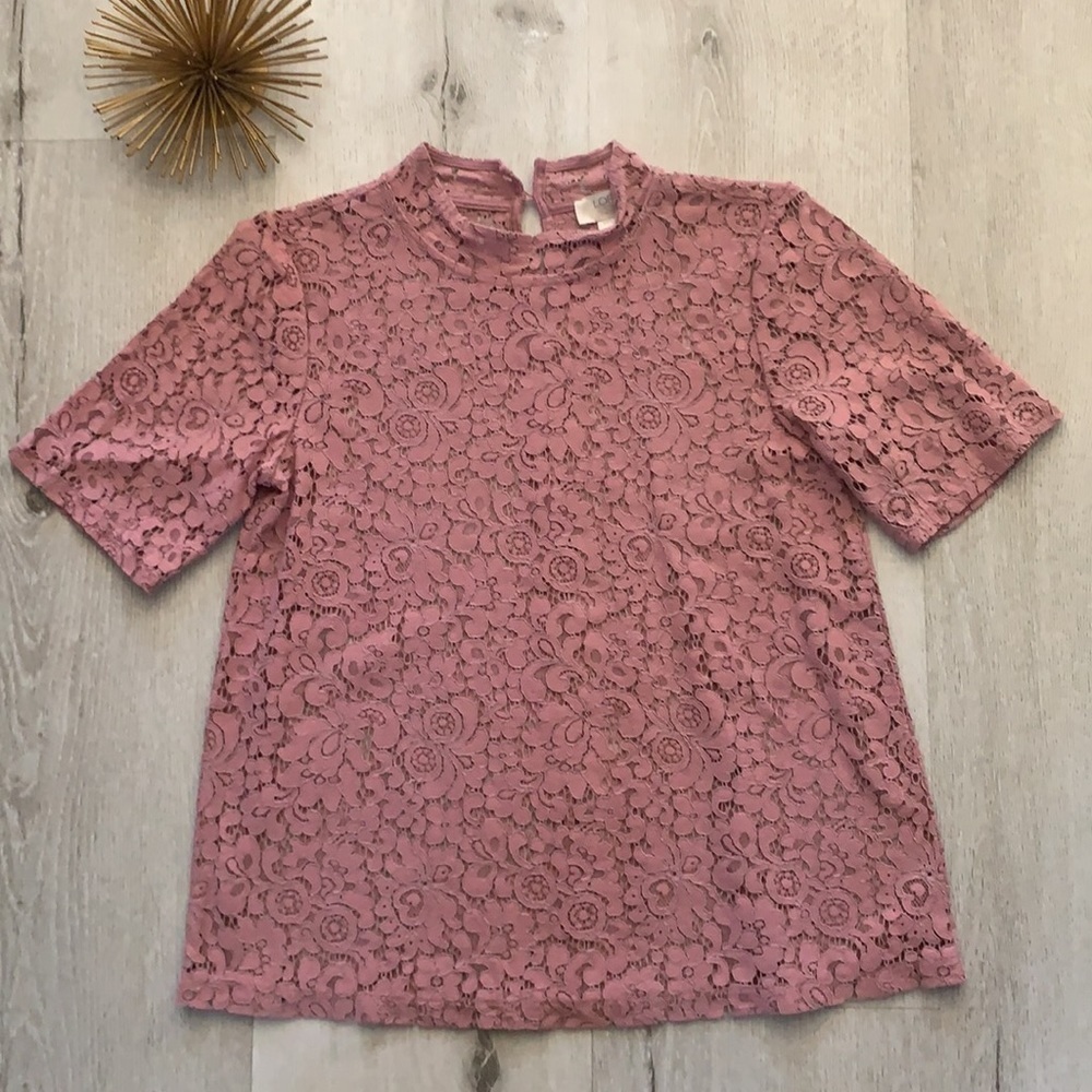 LOFT black 3/4 sleeve lace dusty pink size XSP mock neck Victorian romantic boho